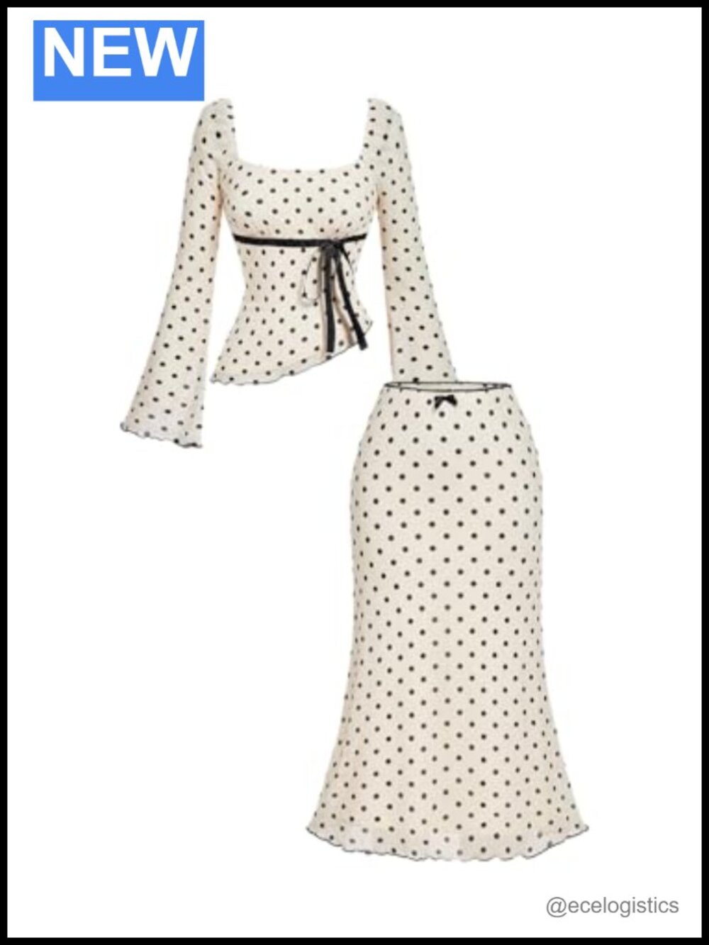 Y2K Skirt Set Polka Dots Long Sleeve Peplum Top Mesh Skirt Set 2 Piece